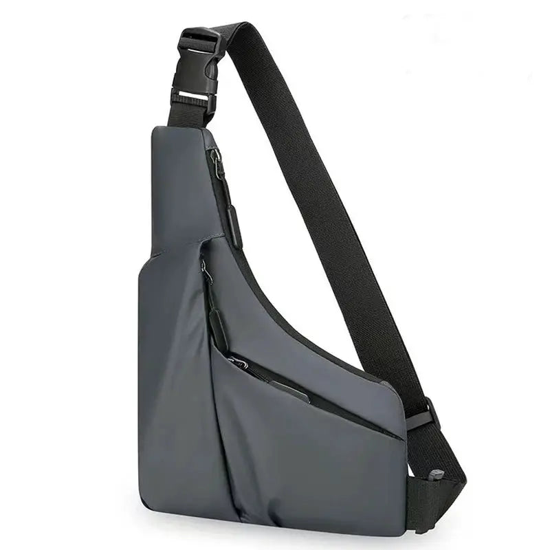Men's chest bag by Simples Market; versatile gray crossbody with front pockets and adjustable strap.