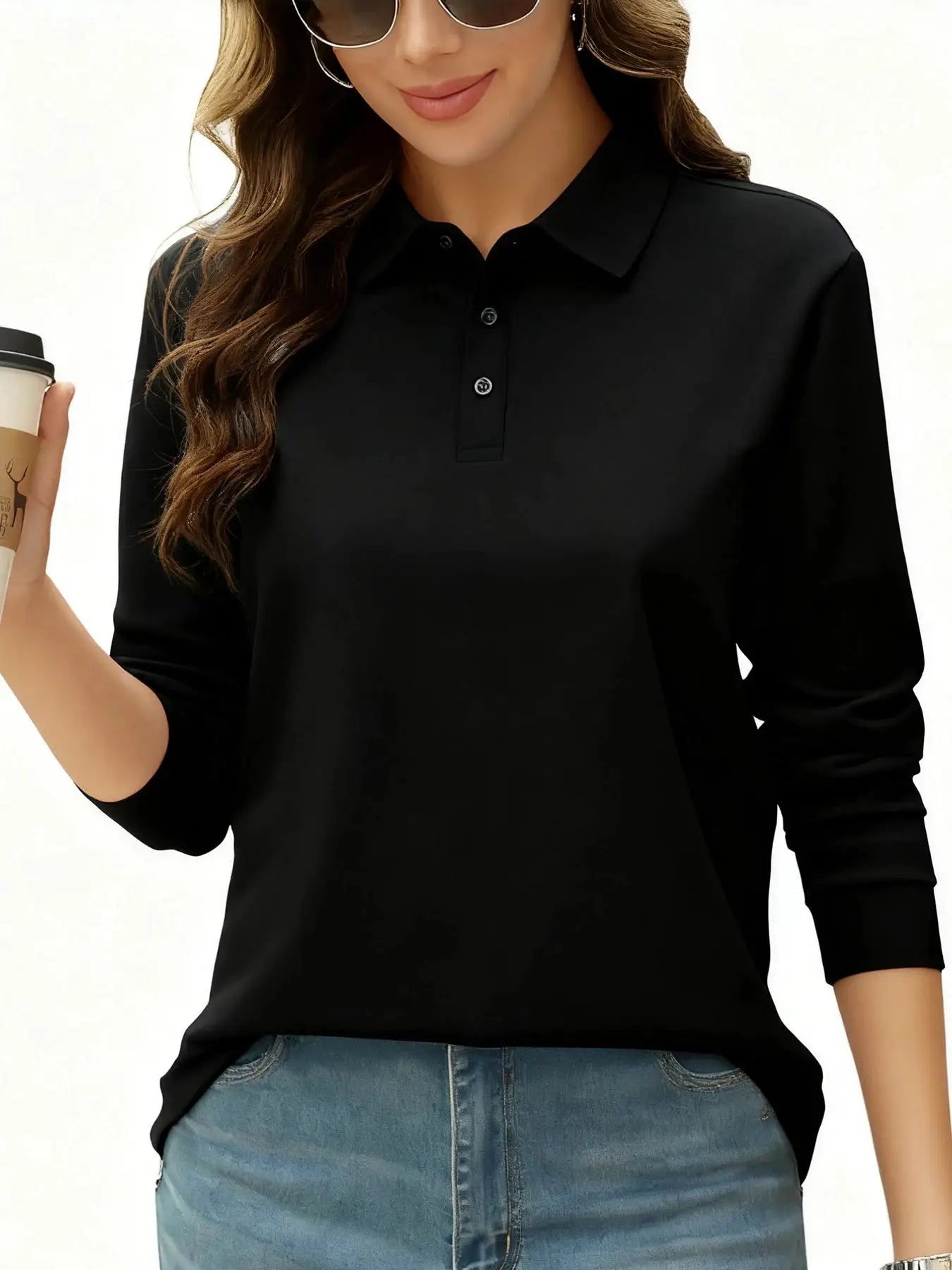 Solid Color Autumn Womens Long Sleeve Polo Shirt Lapel Streetwear