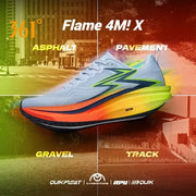 361° Flame 4M X men’s running shoe with blue upper, neon gradient midsole, carbon plate
