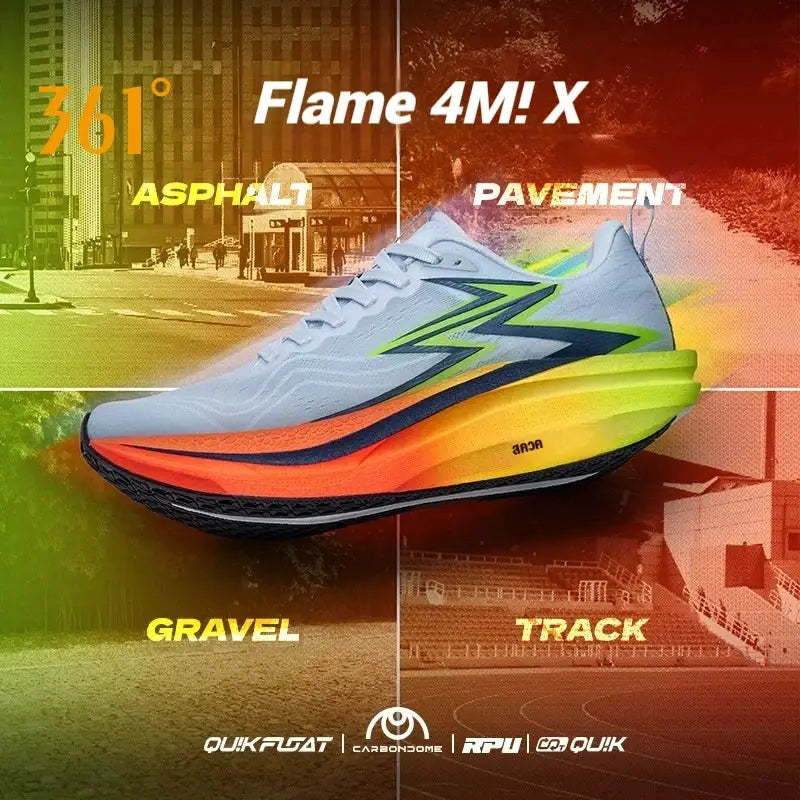 361° Flame 4M X men’s running shoe with blue upper, neon gradient midsole, carbon plate