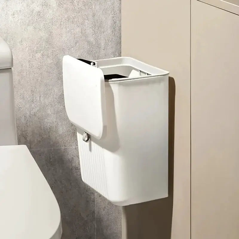 Wall-mounted white plastic trash bin for kitchen, space-saving and durable