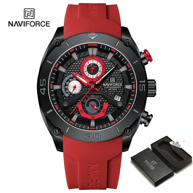 NAVIFORCE men's sport chronograph watch with red silicone strap, black case, luminous dial