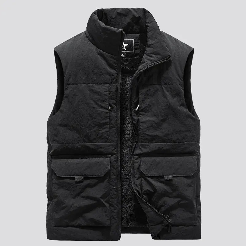 Simples Market men's black fleece-lined sleeveless vest with multiple pockets and front zipper