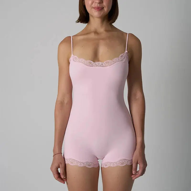 LaceLine Lace Patchwork Bodysuit Camisole With Square Neck Spaghetti Straps For Slimming Shaping And Sleek Silhouette