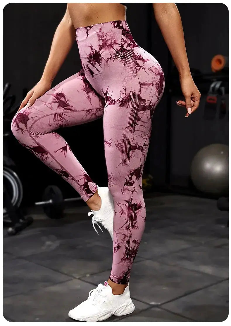 Women's pink tie-dye high-waist leggings, soft stretchy yoga pants for workouts by Simples Market