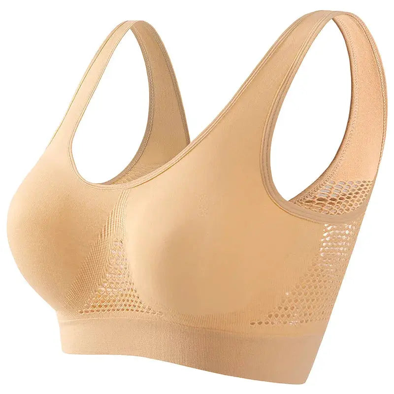 Simples Market women's plus-size breathable mesh sports bra, seamless, nude color, wireless, no pads
