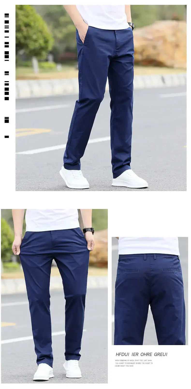 Men's chinos in navy cotton, breathable straight-leg casual trousers by Simples Market.