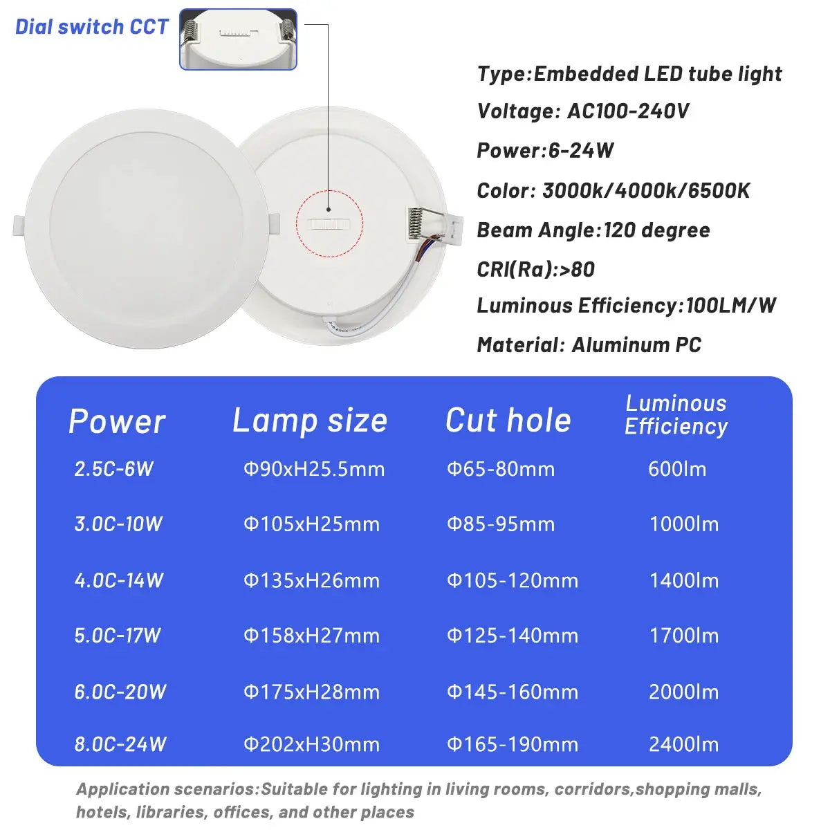 2-pack Simples Market embedded LED ceiling spotlight, 3 CCT (3000K/4000K/6500K), 7W, AC100-240V, adjustable 90°.