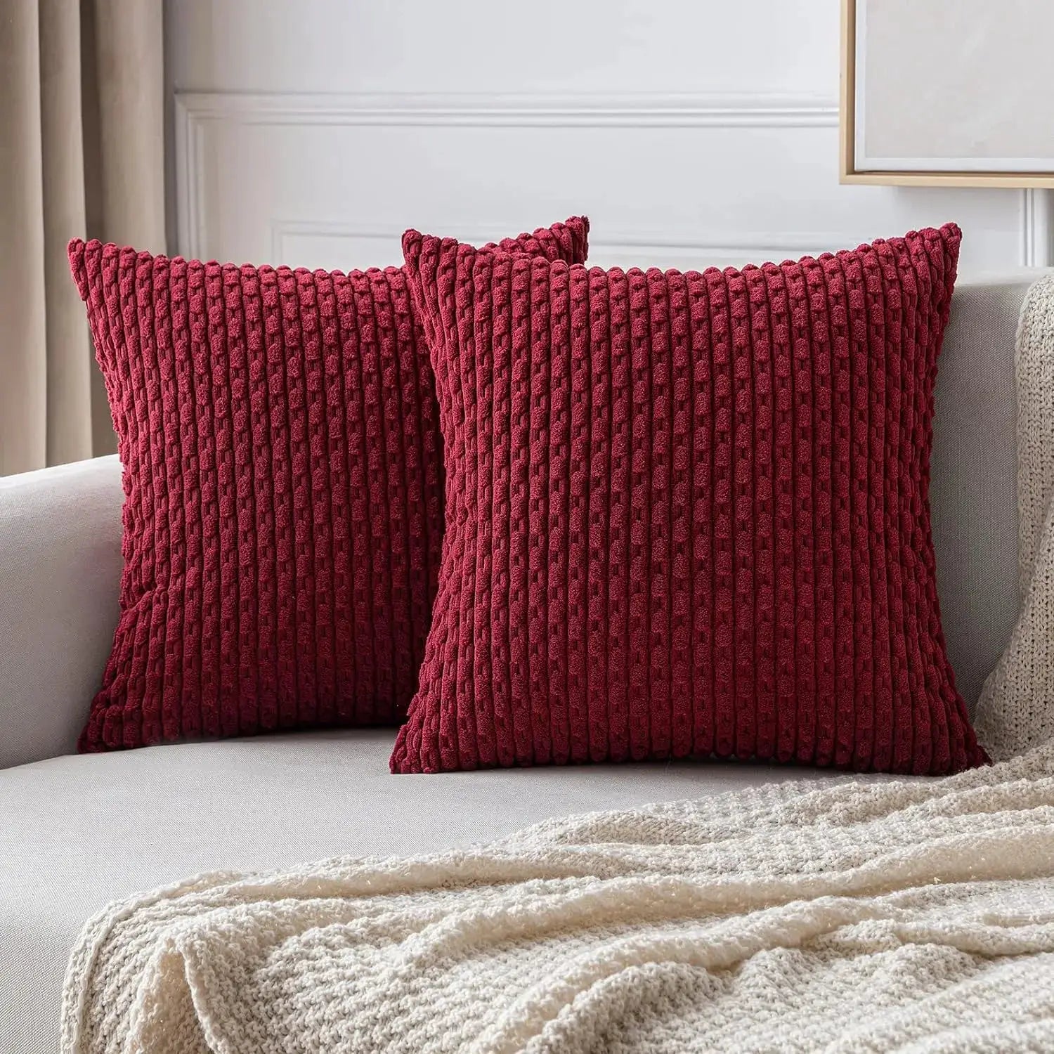 Red corduroy striped throw pillow covers, square 20x20 inches, pair, farmhouse boho style