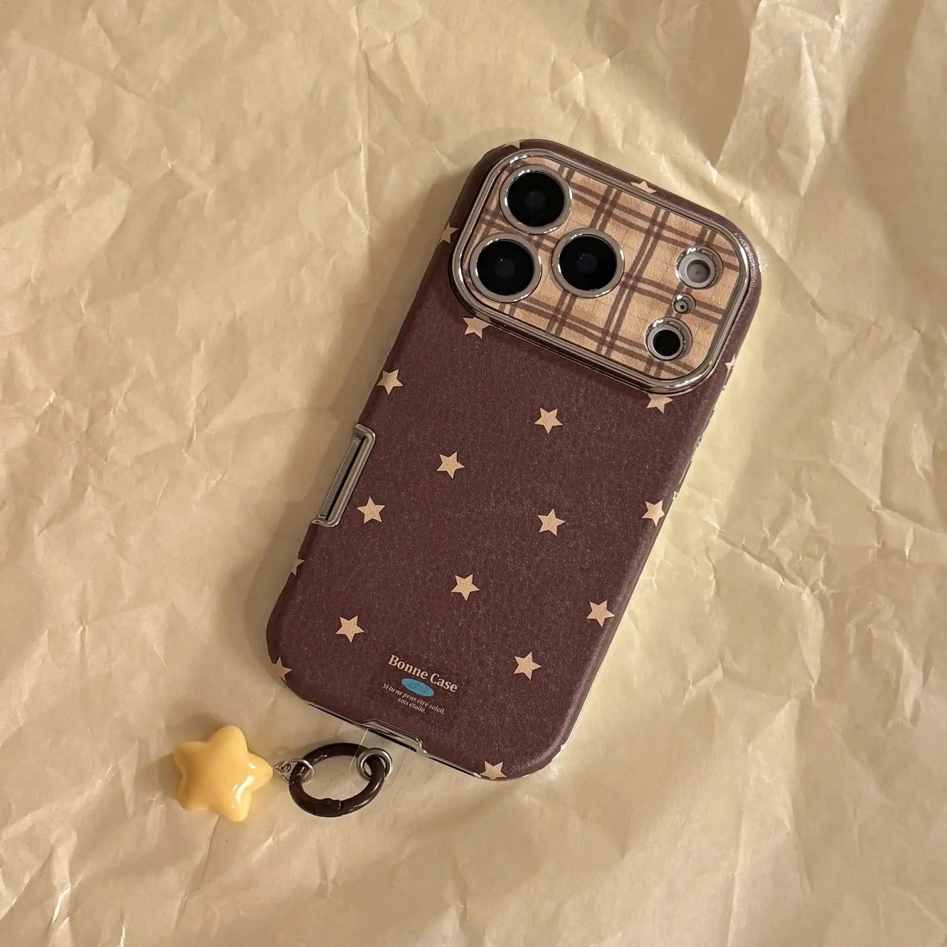 Korean Retro Stars leather-texture phone case in brown with plaid camera surround and star pendant