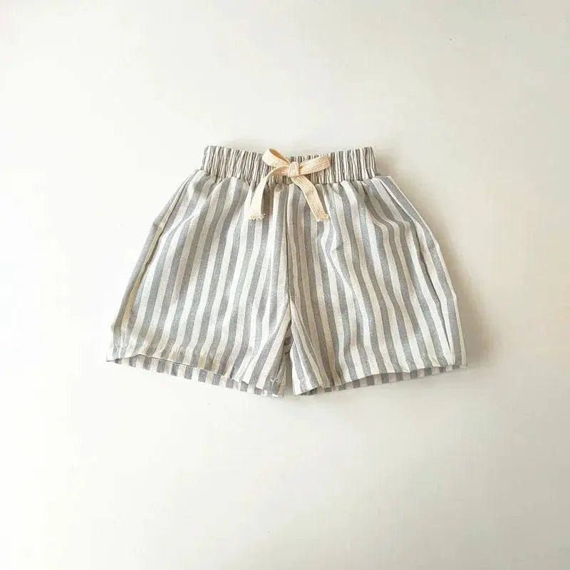 Spring Summer Kids Linen Cotton Striped Loose Pants Lace Up Vintage Casual Clothing For Boys And Girls