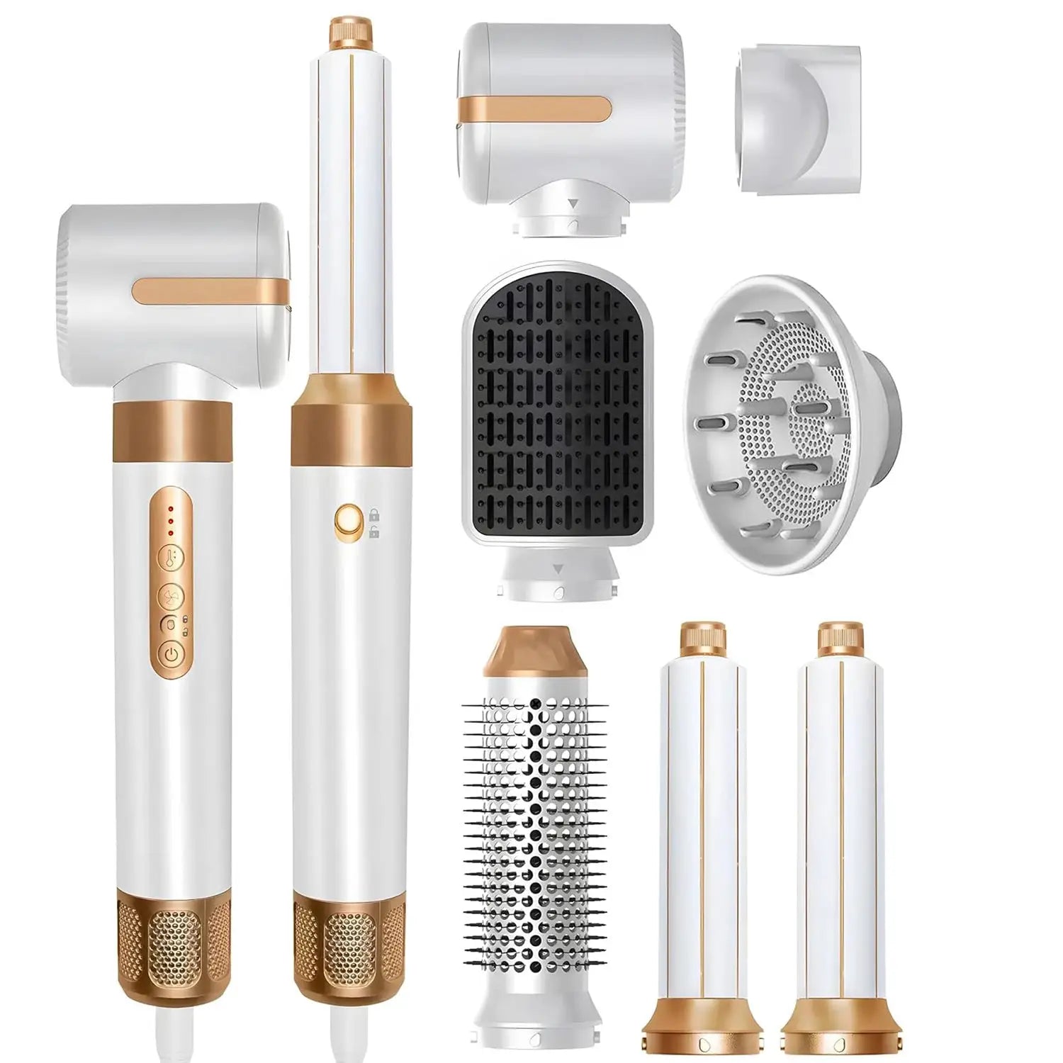 Simples Market 7-in-1 hair dryer brush set in white and rose gold with diffuser and multiple attachments