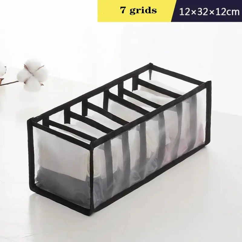Underwear and sock storage organizer box, 7-grid with black frame and clear fabric dividers, 12x32x12 cm