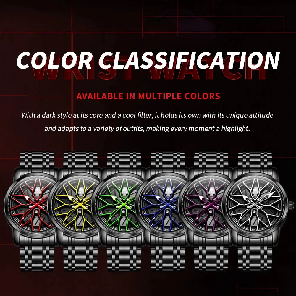 Seven men's watches with black metal link bracelets and colorful skeleton dials.