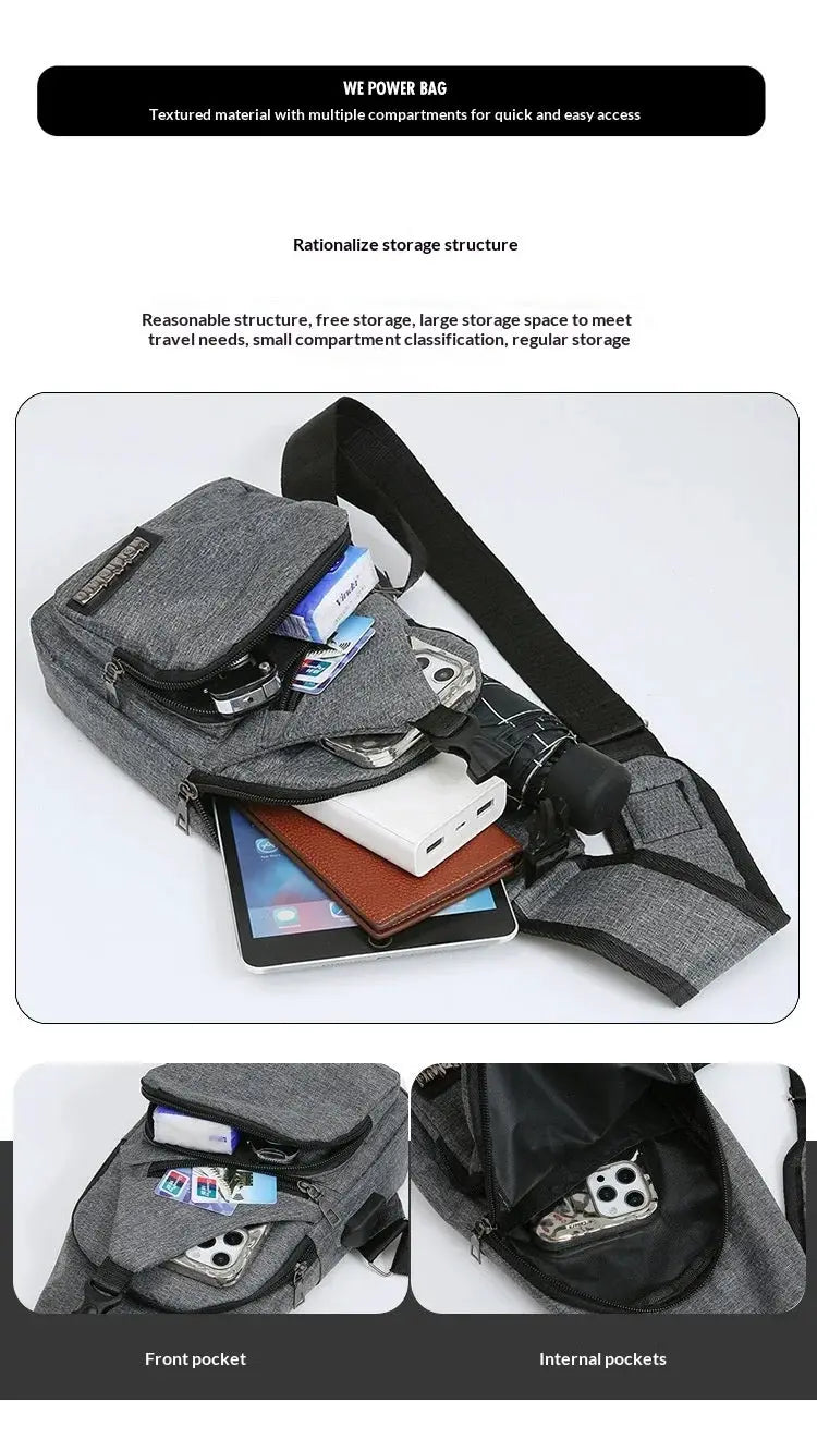 Men's gray textured canvas crossbody bag with multiple compartments by Simples Market