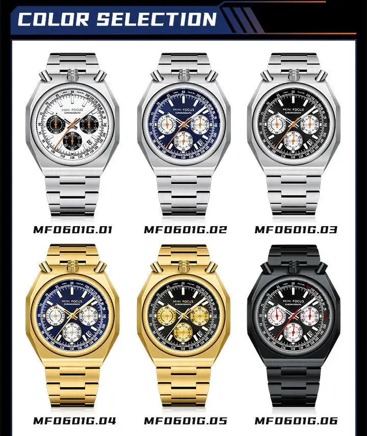 MINI FOCUS chronograph men's watch by Simples Market; 6 stainless-steel strap variants in silver, blue, black, and gold.