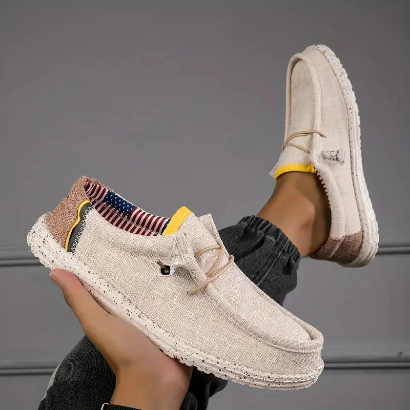 Men's beige canvas loafers with laces, breathable casual driving shoes, speckled sole