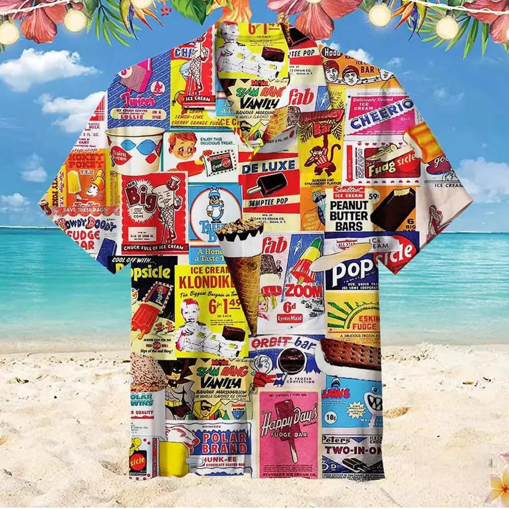Ice cream print Hawaiian shirt, unisex oversized short sleeve, multicolor retro ad collage.