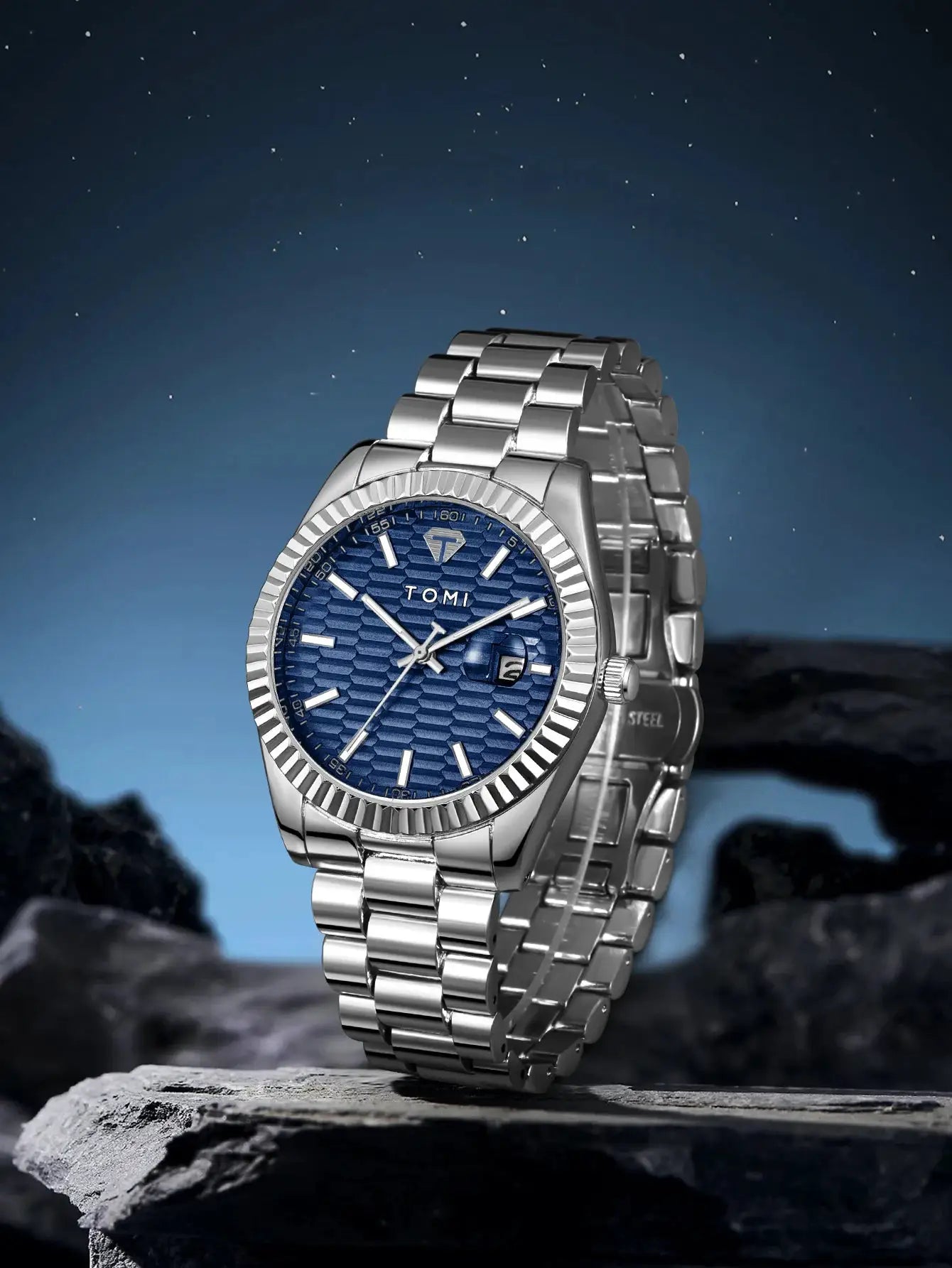 TOMI stainless steel men's wristwatch with blue textured dial and metal bracelet