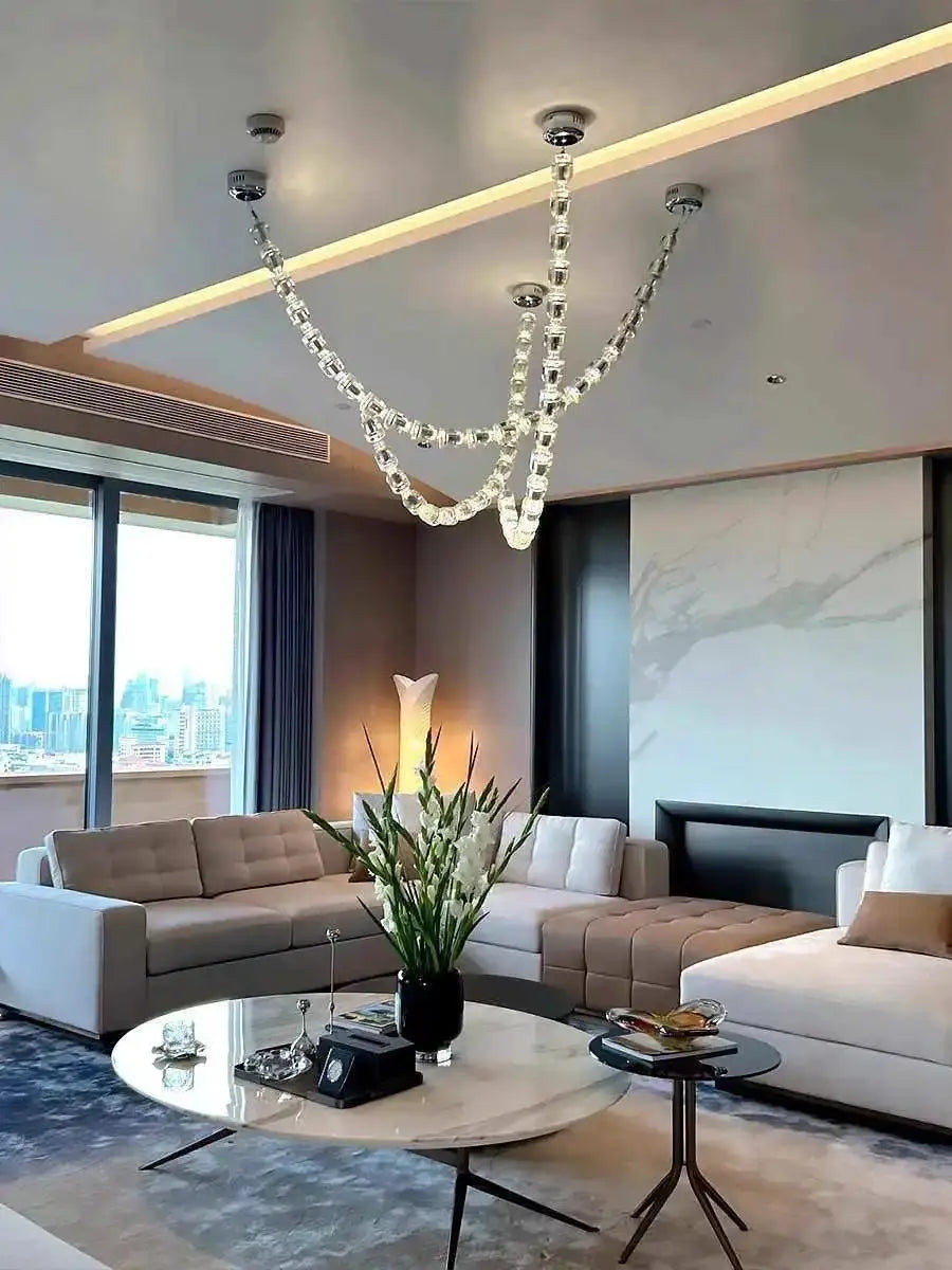 Necklace chandelier ceiling light with multi-strand crystal acrylic beads, adjustable length.