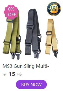 Three Simples Market MS3 gun slings in olive green, black, and tan with metal hooks and buckles for outdoor tactical use