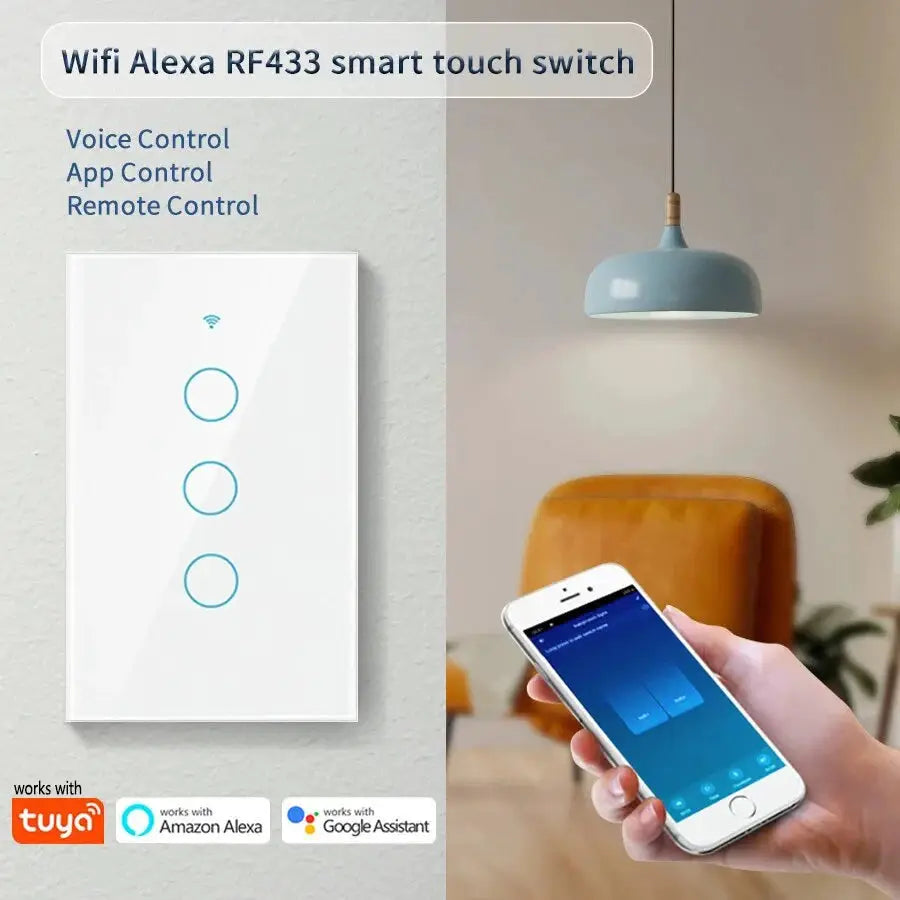 RF433 3-gang US WiFi smart wall switch, white finish, touch LED, Tuya/Alexa/Google compatible