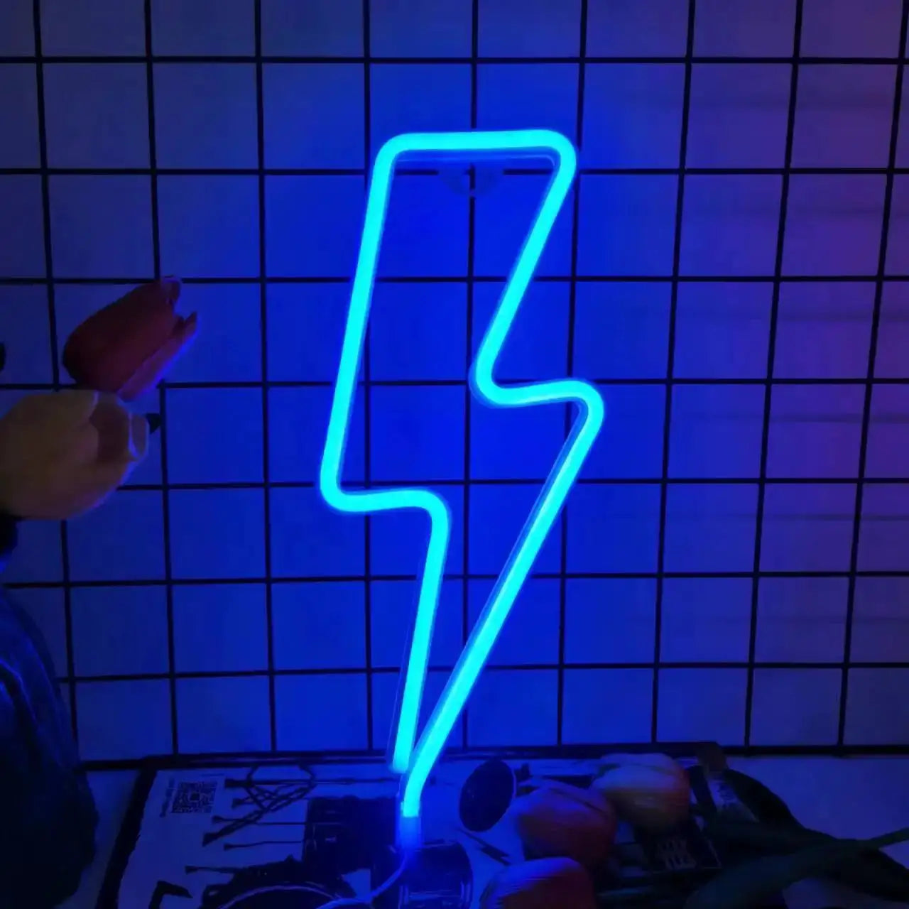 Lightning LED neon light in blue, USB/battery powered bolt design for bedroom, gaming room, living room, or office