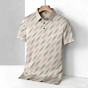 Men's polo shirt with short sleeves, beige diagonal striped print, lapel collar, Simples Market