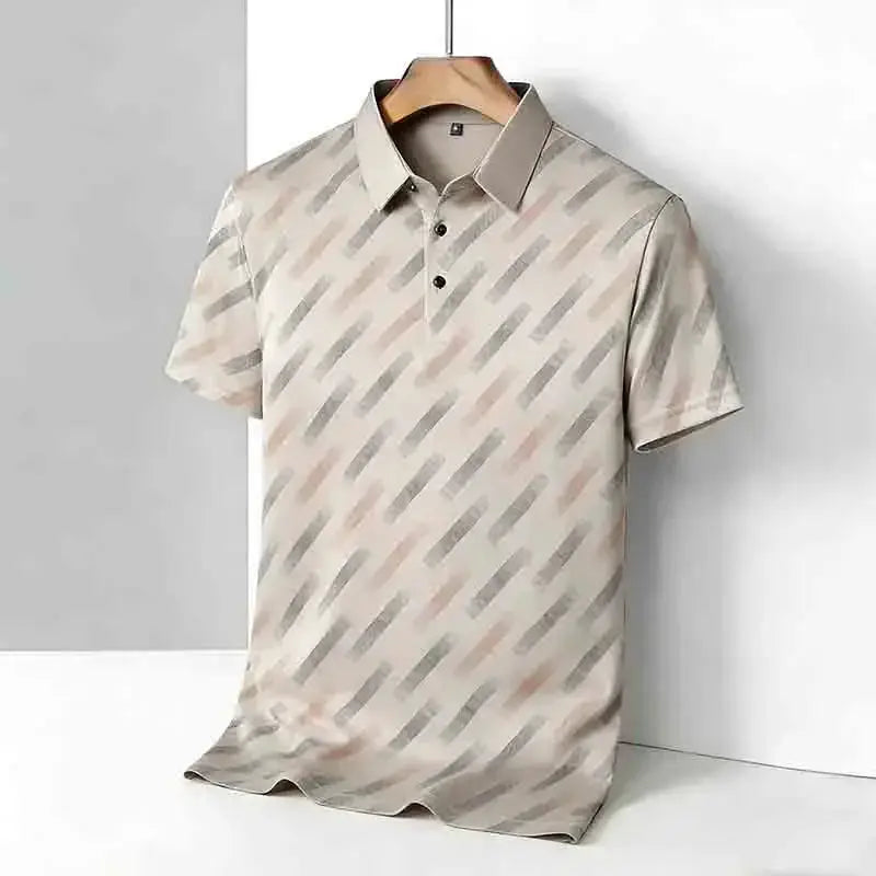Men's polo shirt with short sleeves, beige diagonal striped print, lapel collar, Simples Market