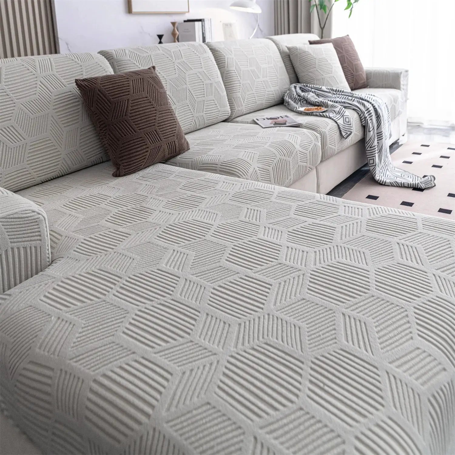 1-piece Peism Jacquard stretch sofa cover in light gray geometric pattern for living room; pet-friendly