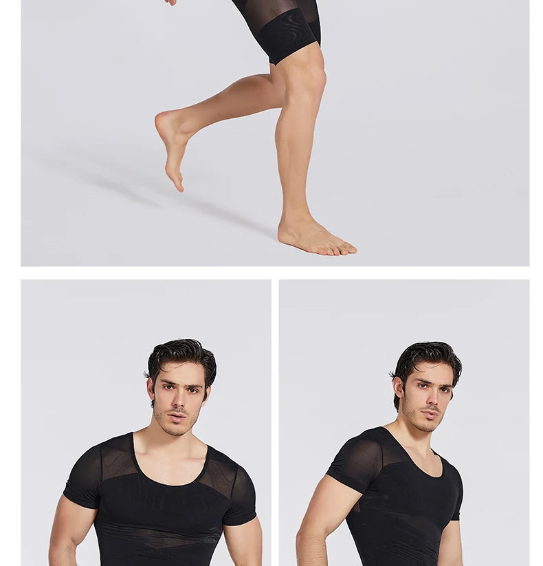 Simples Market men's mesh short-sleeve compression undershirt; black belly-control shapewear top
