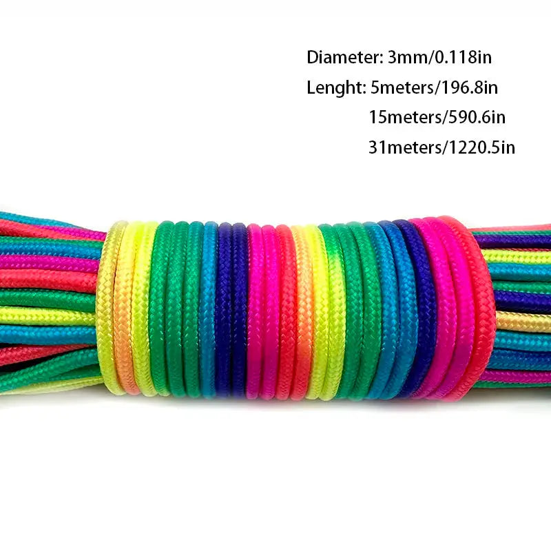 Rainbow paracord rope coils; 3 mm diameter, available in 5 m, 15 m, or 31 m lengths.