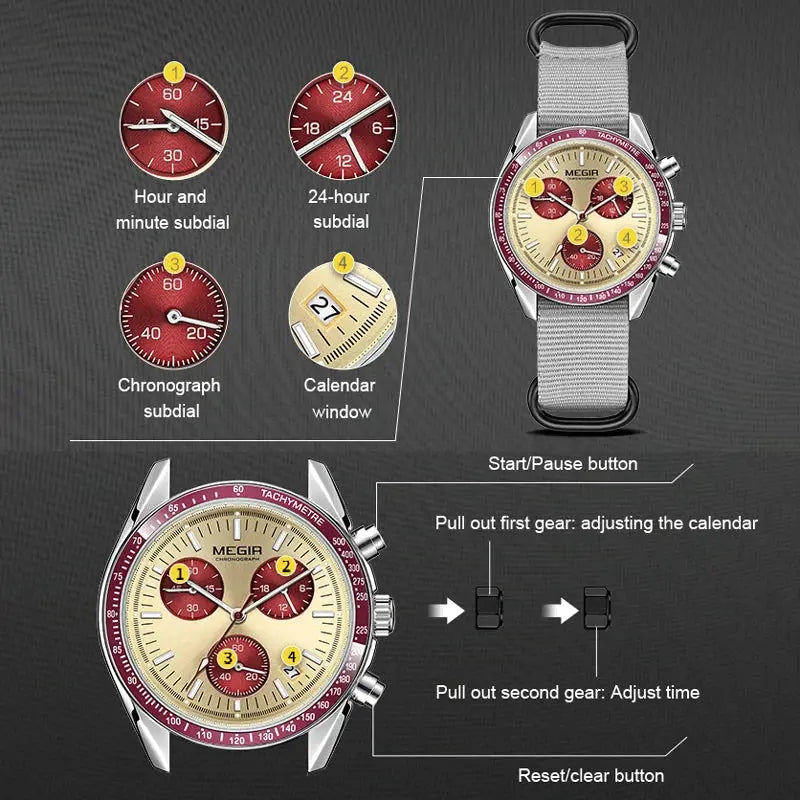 Megir Quartz Chronograph Watch Waterproof Sport Wristwatch With Nylon Strap Luminous Pointers And Date