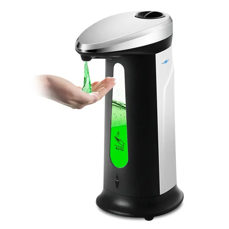 Simples Market 400ml liquid soap dispenser with touchless sensor; black/white ABS, green liquid window.