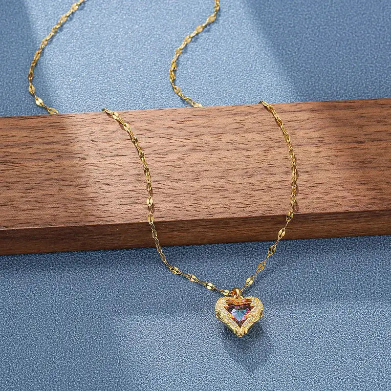 Top Luxury Colorful Crystal Ocean Heart Pendant Necklace For Women 316L Stainless Steel Jewelry