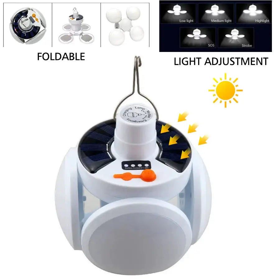 Rechargeable LED Camping Lantern With Folding Floodlight Portable Tent Light 3 Light Modes USB And Solar Charging