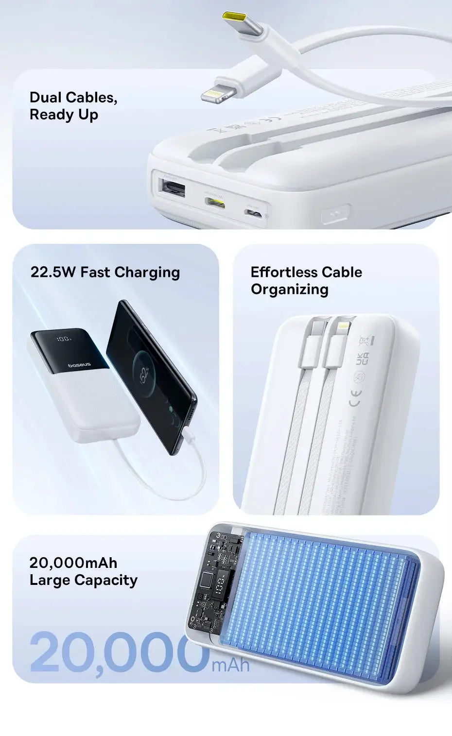 Baseus White Power Bank 20000mAh PD 22.5W fast charging with dual cables and cable organizer
