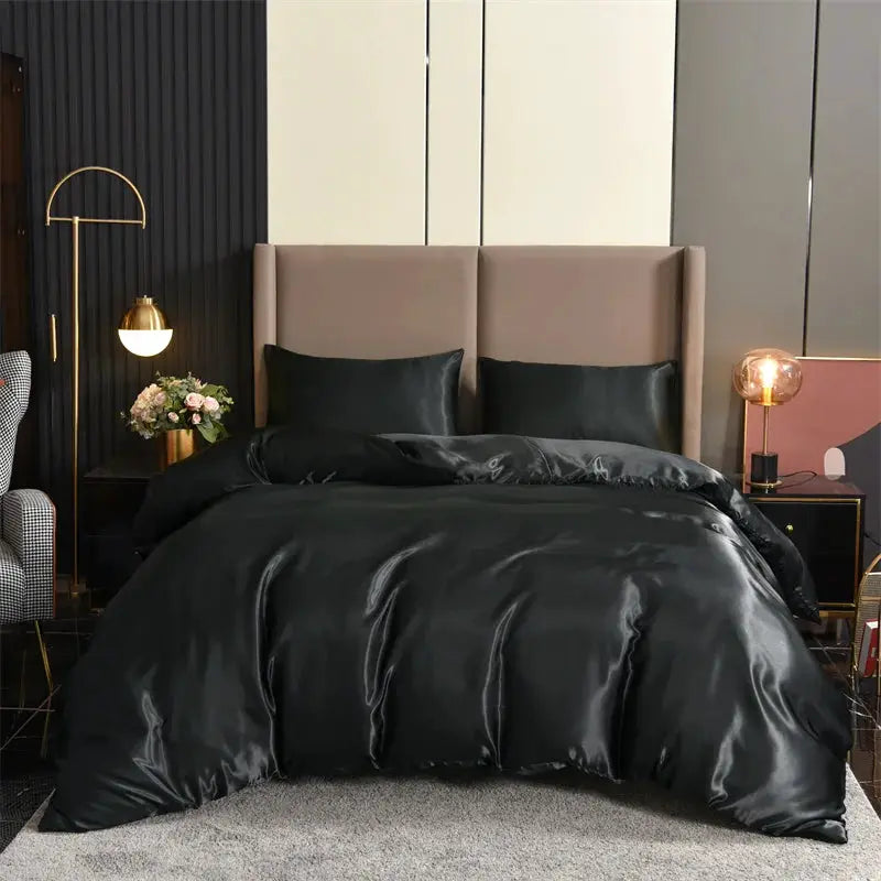Satin duvet cover set, 3pc, queen size, black bedding
