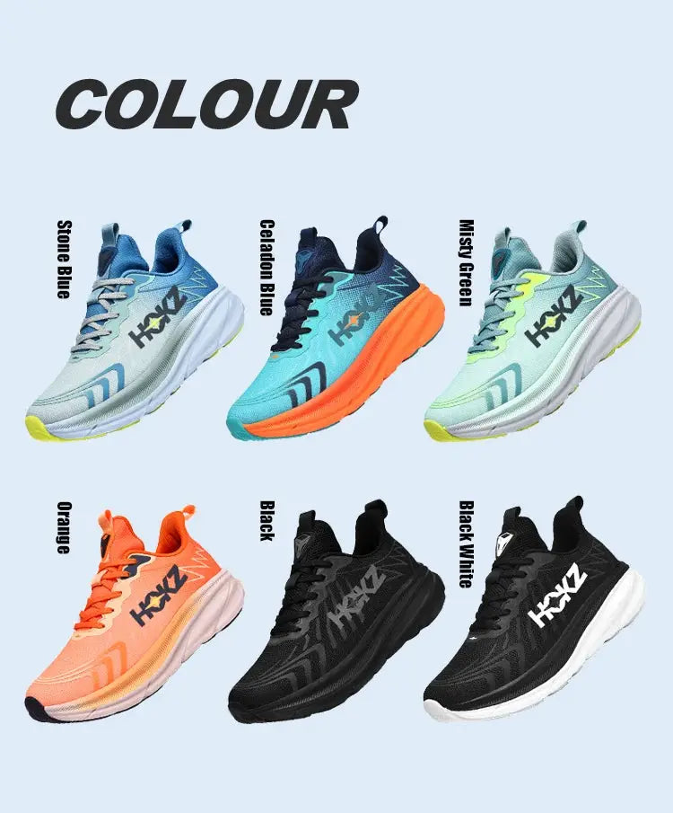 Six colorways men's classic cushion running shoes with HOKY logo by Simples Market; lightweight breathable mesh.