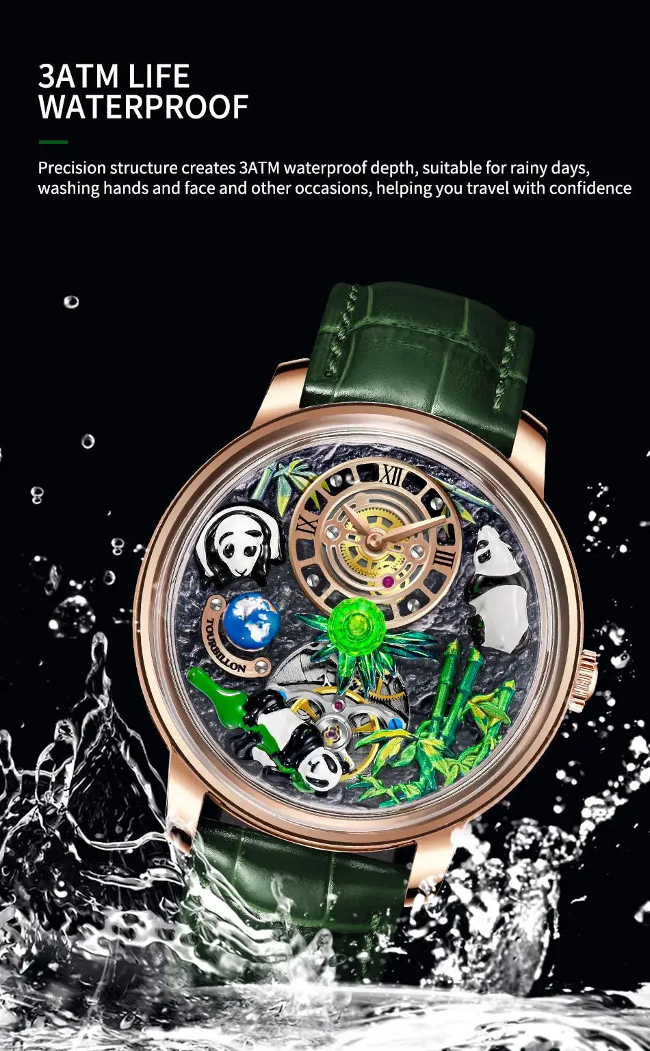 Men's panda-themed mechanical wristwatch with a skeleton dial, gold-tone case and green leather strap