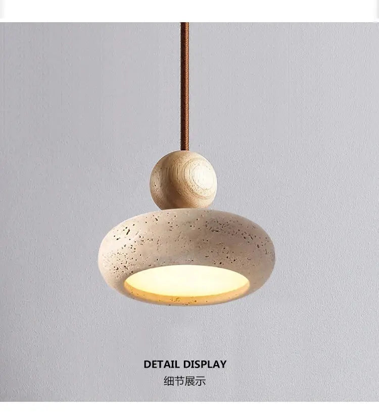 Vintage pendant light with natural yellow agate stone shade and wood accent.