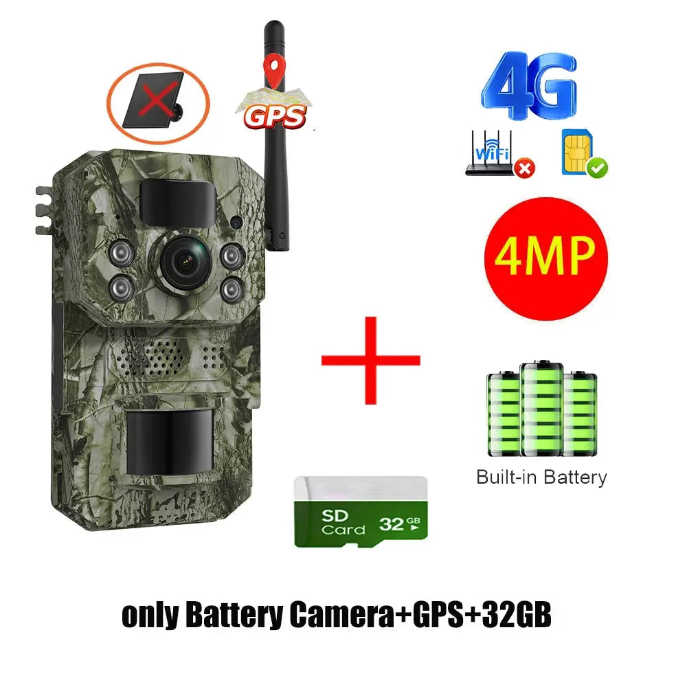 INQMEGA4G trail camera in camouflage finish with 4MP sensor, 4G, GPS, built-in battery and 32GB SD card