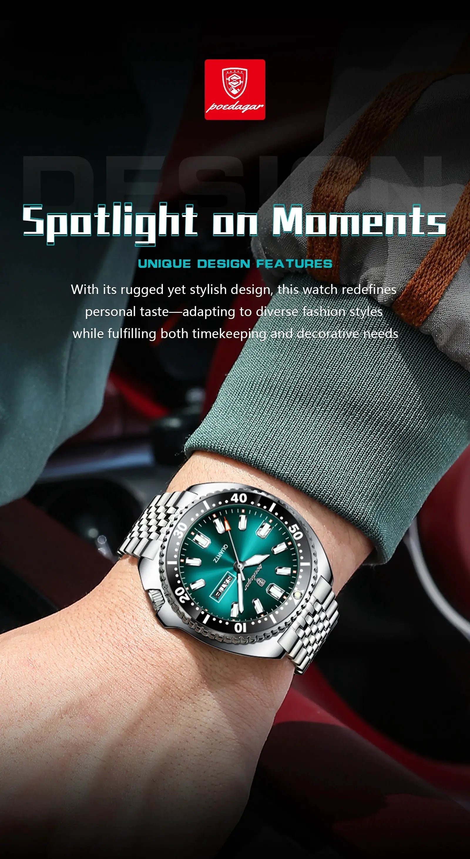 POEDAGAR men's luxury stainless steel wristwatch with teal dial, date window and luminous markers