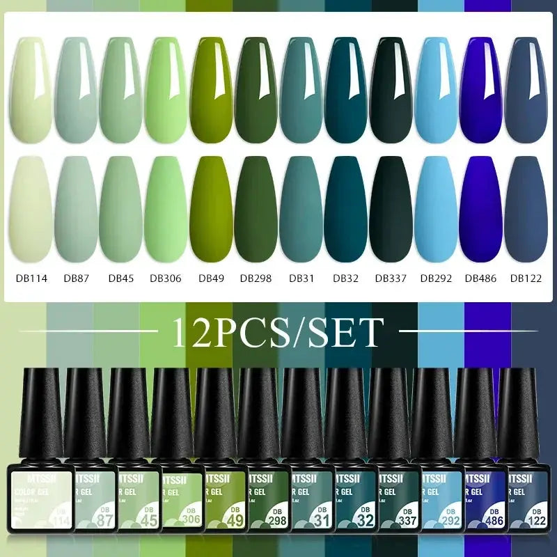 Gel nail polish set 12pcs by Simples Market; nude pink red glitter UV soak-off gel varnish for DIY manicures