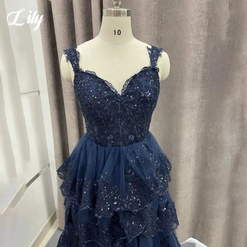 Lily Navy Blue Sweetheart A Line Dress Tiered Pleats Spaghetti Strap