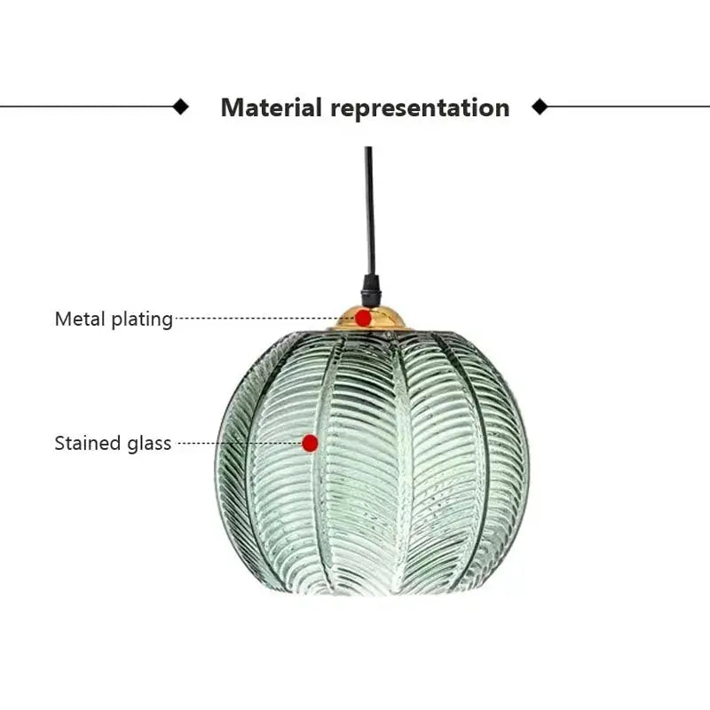 Nordic glass pendant light with green leaf-pattern stained glass and metal-plated hardware, Simples Market