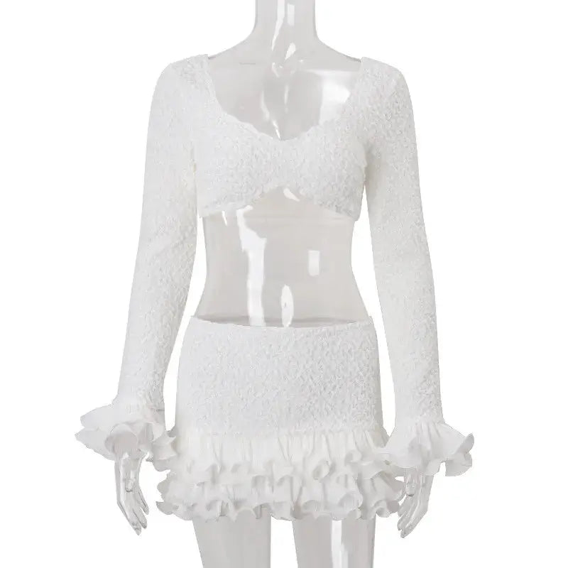 Shestyle White Autumn Two Piece Set Ruffles Crop Top And Sheath Skirt