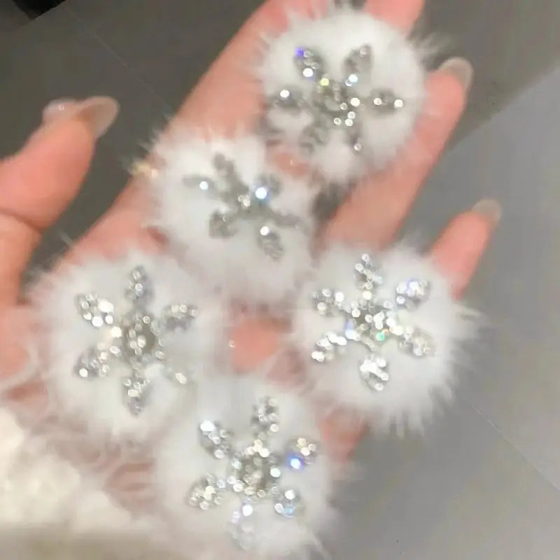 AuroraGlow Plush Fur Snowflake Hair Clips 2 Pack For Women Sparkling Rhinestone Accents Festive Hair Accessories