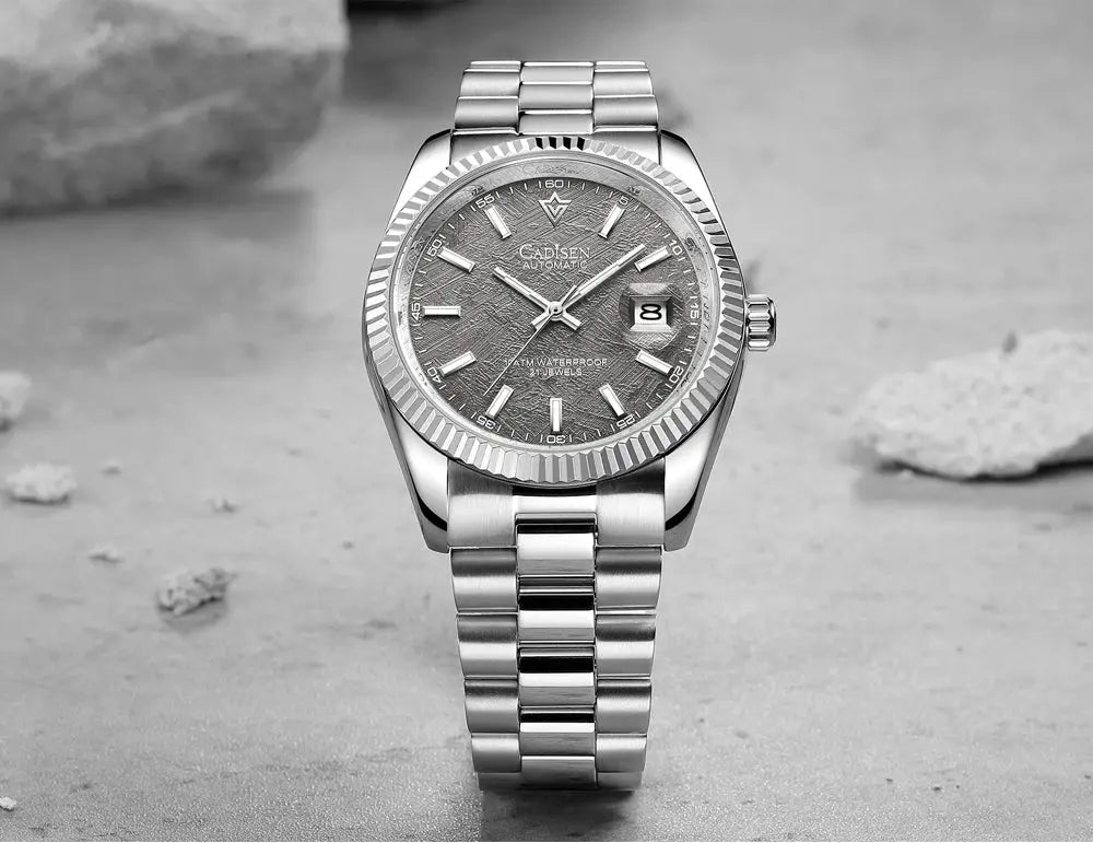 Cadisen men's stainless steel automatic watch with silver dial, fluted bezel, date window, bracelet