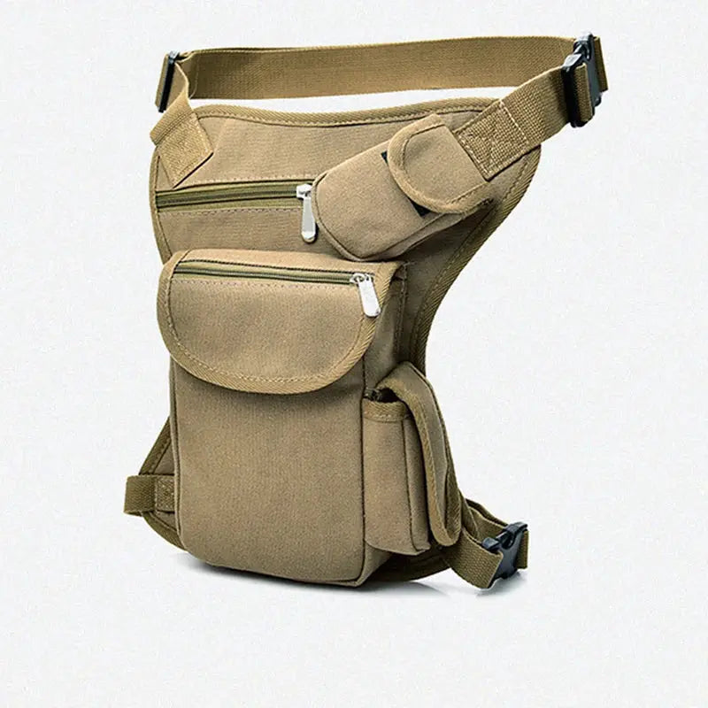 Men's canvas drop-waist belt bag by Simples Market with multiple pockets in khaki.